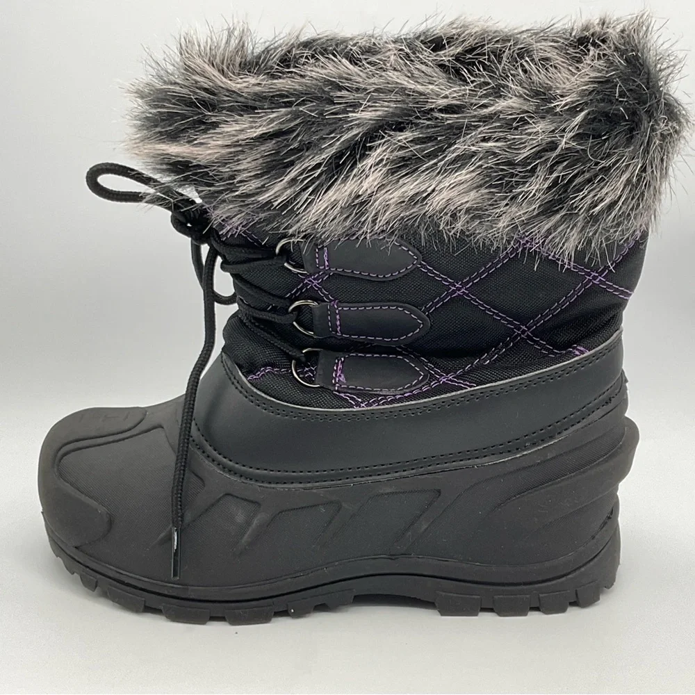 Itasca Snow Boots Size 4 Youth Big Girls Faux Fur Black Purple Stitching Winter
